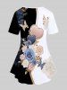 T-shirt Bicolore à Imprimé 3D Papillon Cœur Fleur de Grande Taille - Blanc Chaud 1X | US 14-16