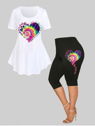 T-shirt Imprimé Coeur Arc-en-Ciel Grande Taille et Legging Capri