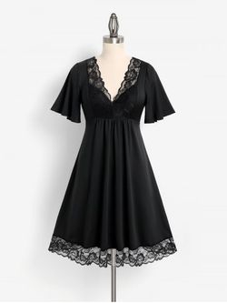 Plus Size Plunge Lace Insert Midi Semi Formal Dress - BLACK - 2X | US 18-20