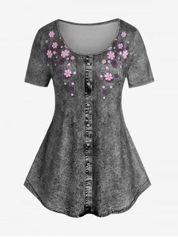 T-shirt à Imprimé 3D Jean Floral de Grande Taille à Manches Courtes - GRAY - 5X | US 30-32