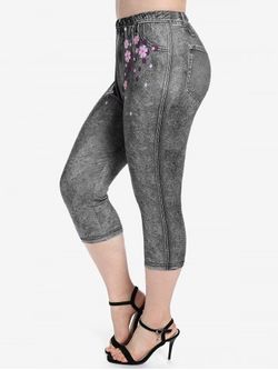 Plus Size 3D Jeans Floral Printed Capri Leggings - BLACK - 5X | US 30-32