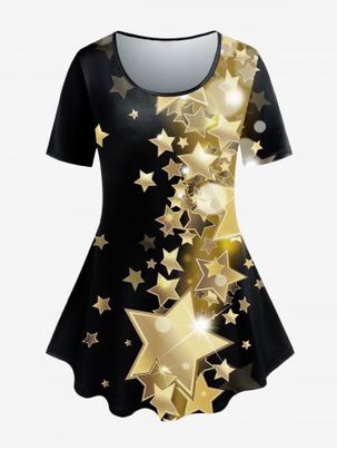 Plus Size 3D Glitter Sparkles Stars Printed T Shirt