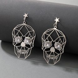 Gothic Rhinestone Skull Face Dangle Earrings - SILVER