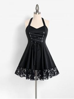 Plus Size & Curve Halter Lace Up Backless Dress - BLACK - 2X