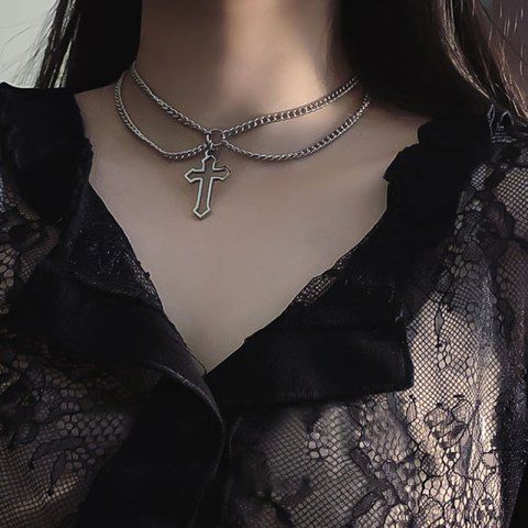 Gothic Punk Chains Layered Cross Necklace - SILVER