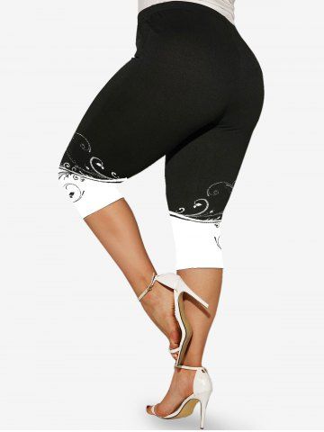 Plus Size Two Tone Printed Capri Leggings