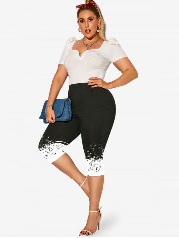 Plus Size Two Tone Printed Capri Leggings