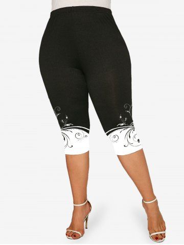 Plus Size Two Tone Printed Capri Leggings