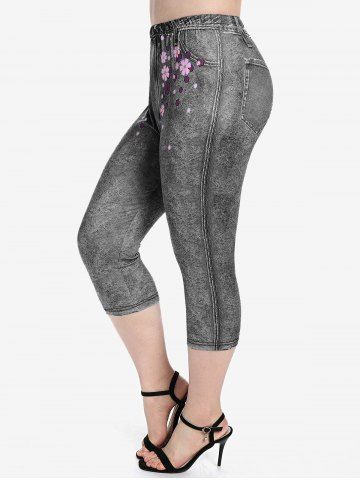 Plus Size 3D Jeans Floral Printed Capri Leggings - BLACK - 2X | US 18-20