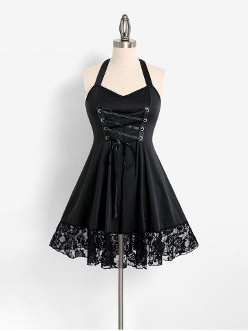 Plus Size & Curve Halter Lace Up Backless Dress - BLACK - L