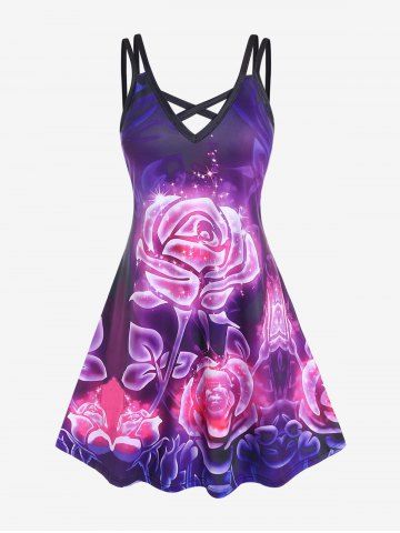 Plus Size 3D Sparkles Flower Printed Crisscross A Line Sleevless Dress