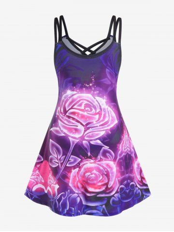 Plus Size 3D Sparkles Flower Printed Crisscross A Line Sleevless Dress