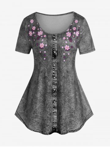Plus Size 3D Jeans Foral Printed Short Sleeves Tee - GRAY - 4X | US 26-28