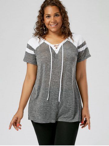 Plus Size Lace Up Space Dye Colorblock Raglan Sleeves Tee