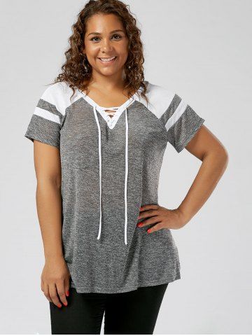 Plus Size Lace Up Space Dye Colorblock Raglan Sleeves Tee