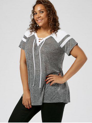 Plus Size Lace Up Space Dye Colorblock Raglan Sleeves Tee