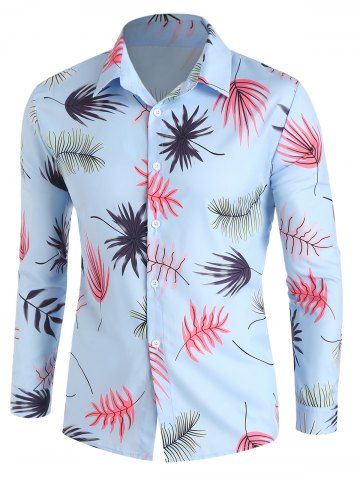 Vacation Leaf Print Long Sleeve Turn Down Collar Casual Button-up Shirt - LIGHT BLUE - M