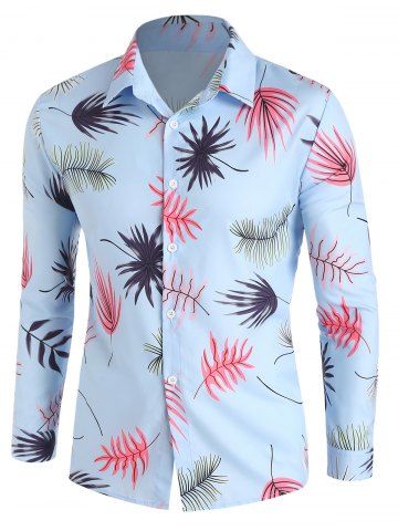 Vacation Leaf Print Long Sleeve Turn Down Collar Casual Button-up Shirt - LIGHT BLUE - XL
