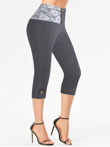 Legging Corsaire D'Eté Décontracté Chiné Panneau en Dentelle à Taille Haute - DARK GRAY - XXL