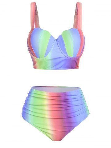 Push Up Ruched Rainbow Striped Print Scalloped Tummy Control Ombre Tankini Swimsuit - MULTI - XXL