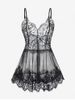 Plus Size Lace Panel Sheer Mesh Babydoll with T-back -  