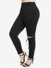 Plus Size Lace Up Cut out Solid Pull On Pants -  