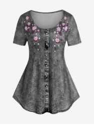 Plus Size 3D Jeans Foral Printed Short Sleeves Tee -  