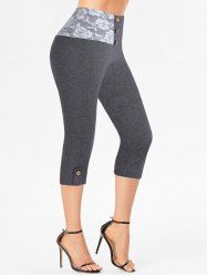 Heather Floral Lace Panel Mock Button Elastic High Waist Summer Casual Capri Leggings -  