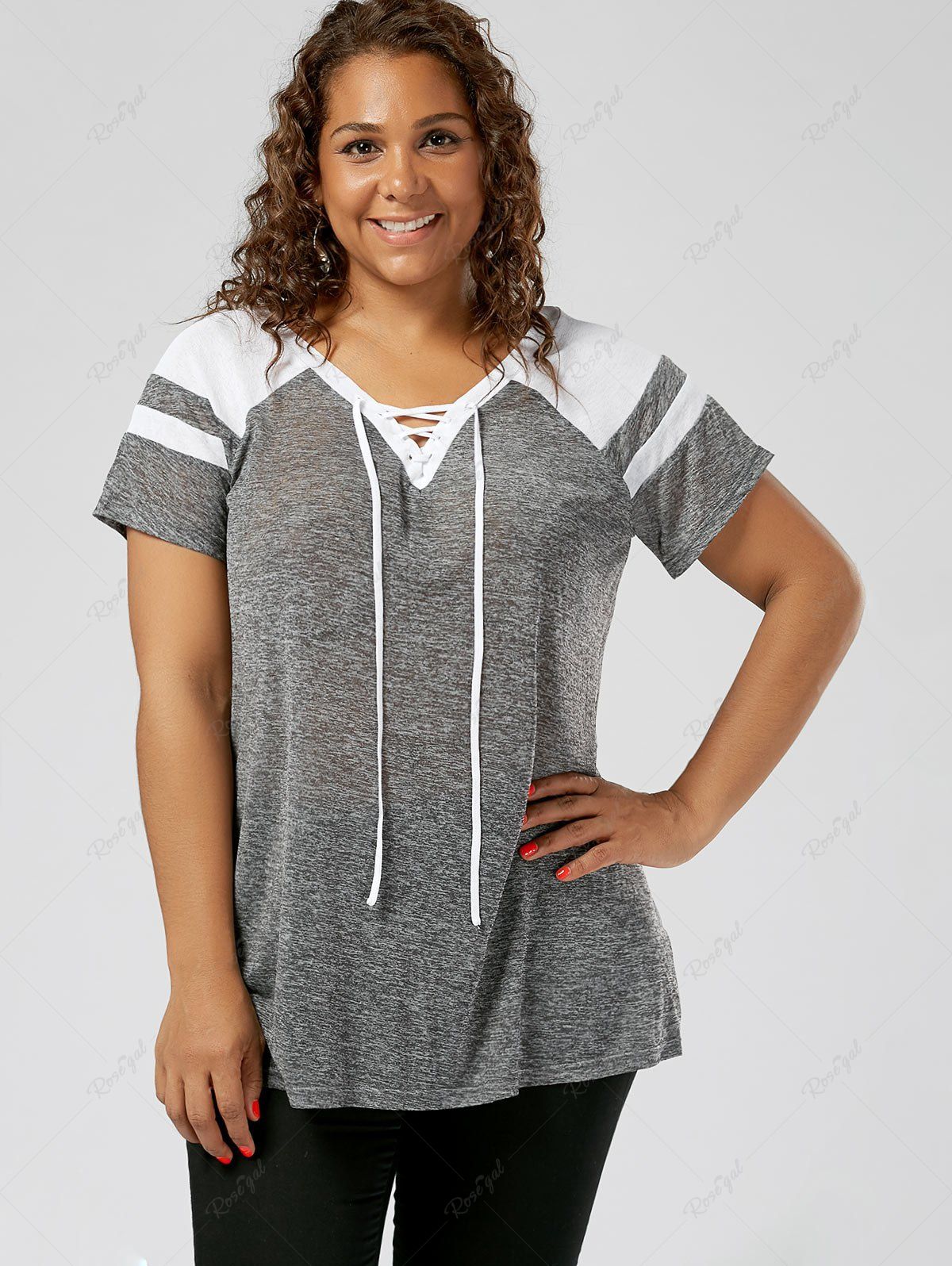 Discount Plus Size Lace Up Space Dye Colorblock Raglan Sleeves Tee  