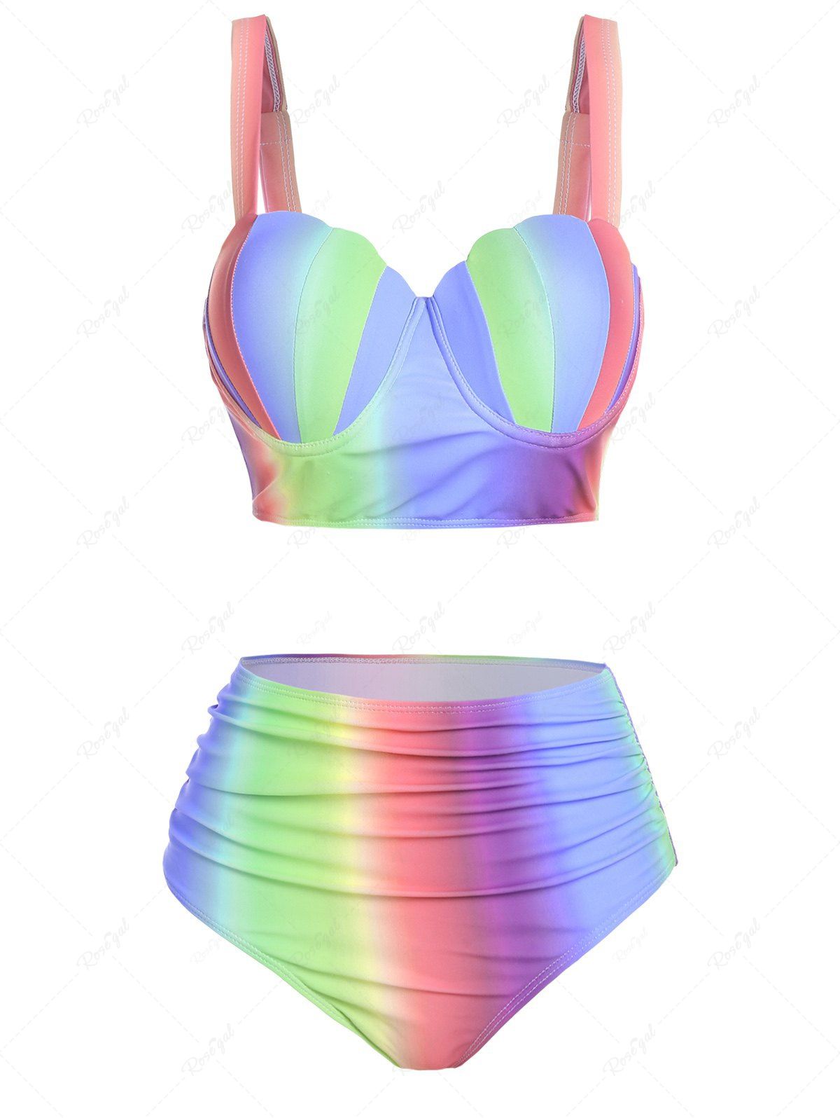 Outfits Push Up Ruched Rainbow Striped Print Scalloped Tummy Control Ombre Tankini Swimsuit  
