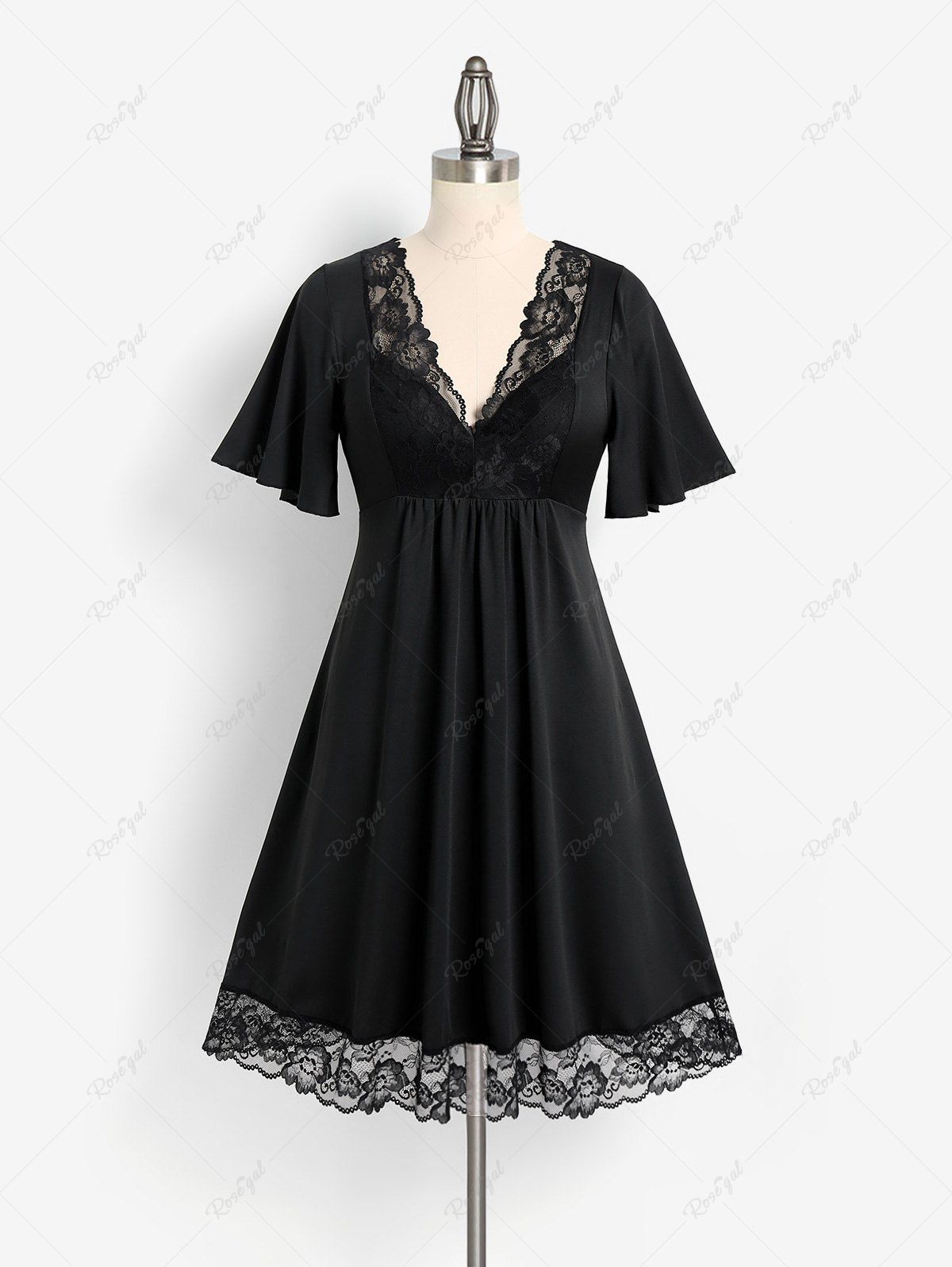 Sale Plus Size Plunge Lace Insert Midi Semi Formal Dress  