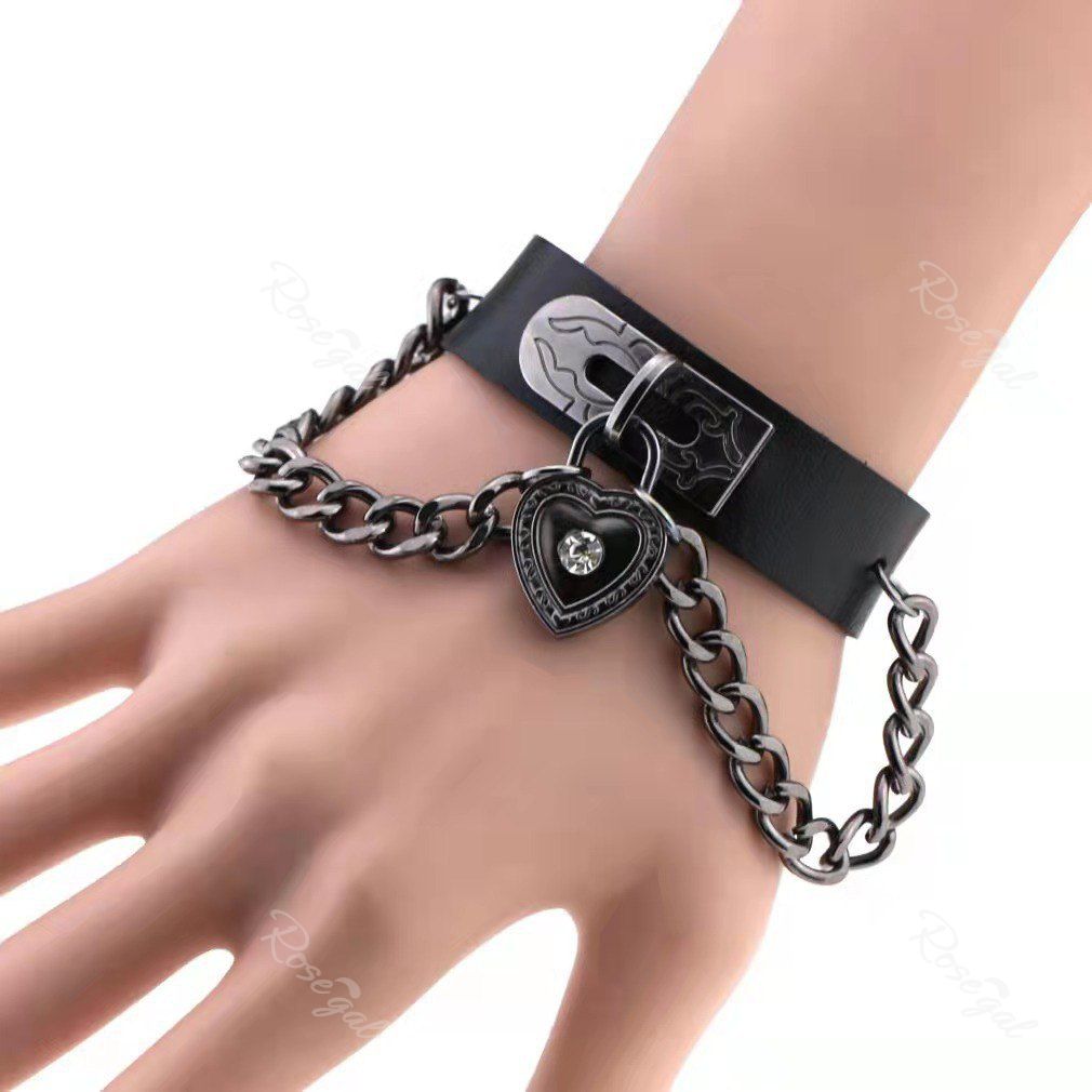 Bracelet Gothique en Forme de Cœur Serrure en Cuir Noir 