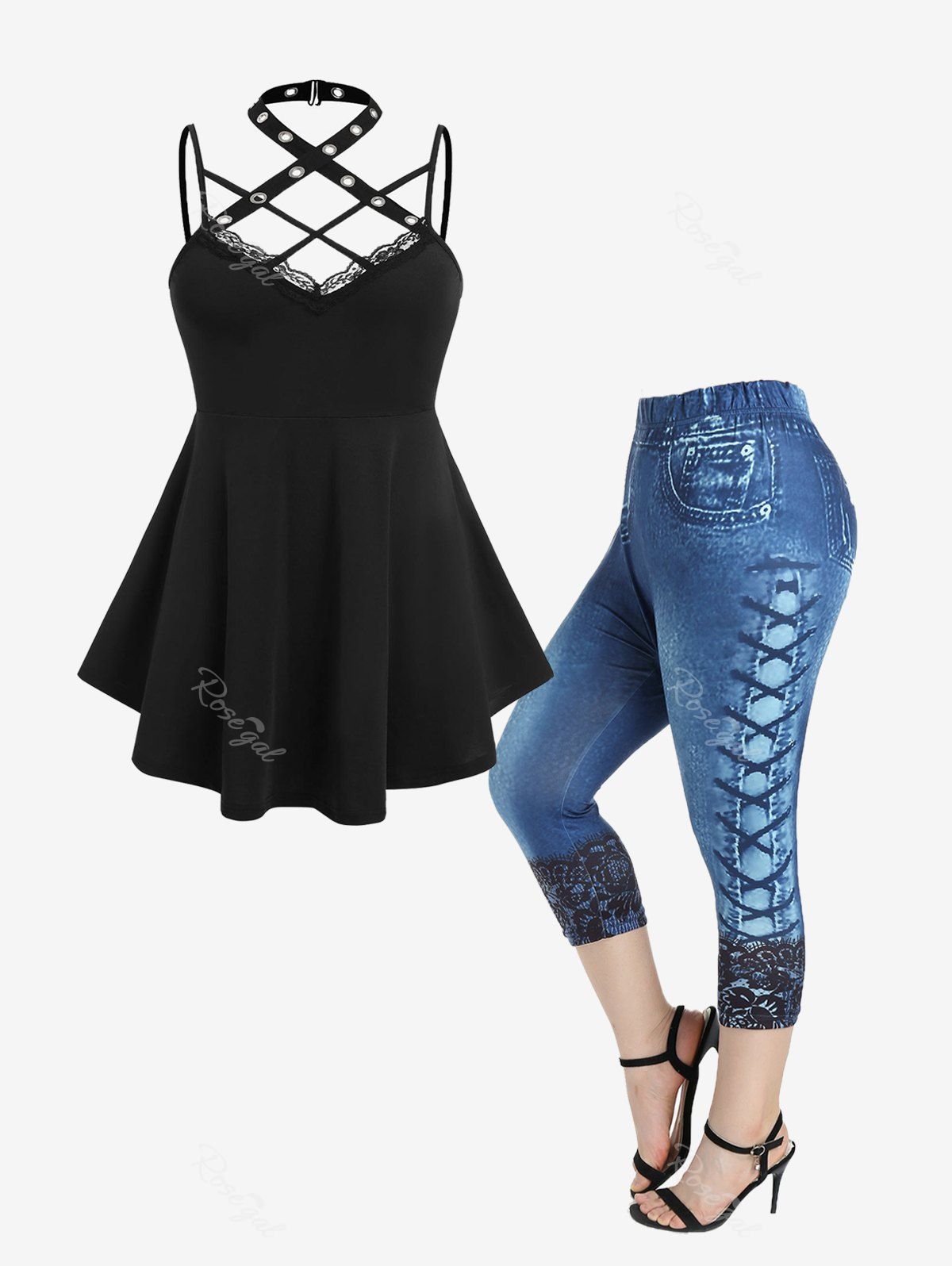 Outfits Gothic Crisscross Grommets Tank Top and 3D Denim Capri Jeggings Plus Size Summer Outfit  