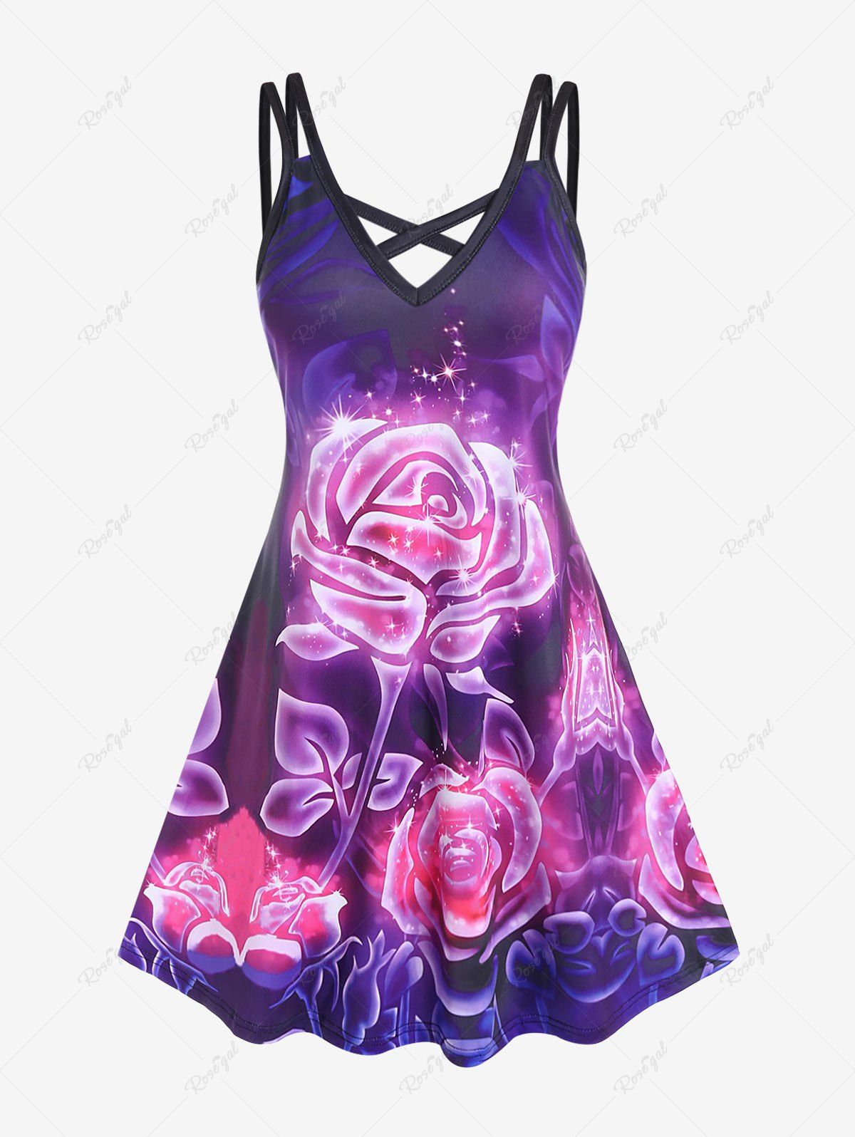 Discount Plus Size 3D Sparkles Flower Printed Crisscross A Line Sleevless Dress  