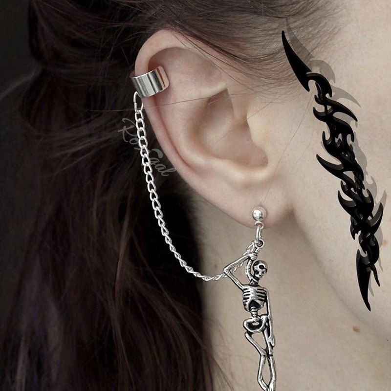 Fancy Gothic Asymmetric Skeleton Chain Earrings Dangle Ear Cuff  