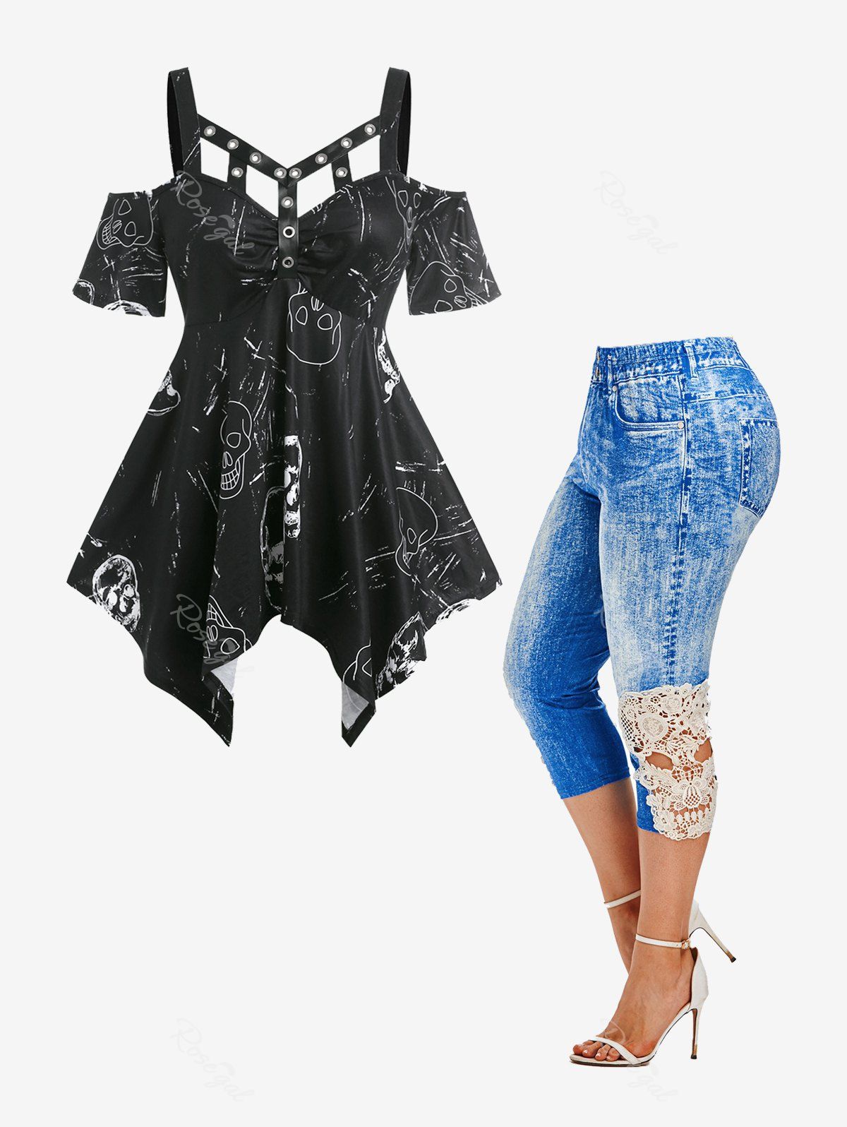 Unique Gothic Harness Skull Handkerchief Tee and 3D Jeans Leggings Plus Size Summer Outfit  