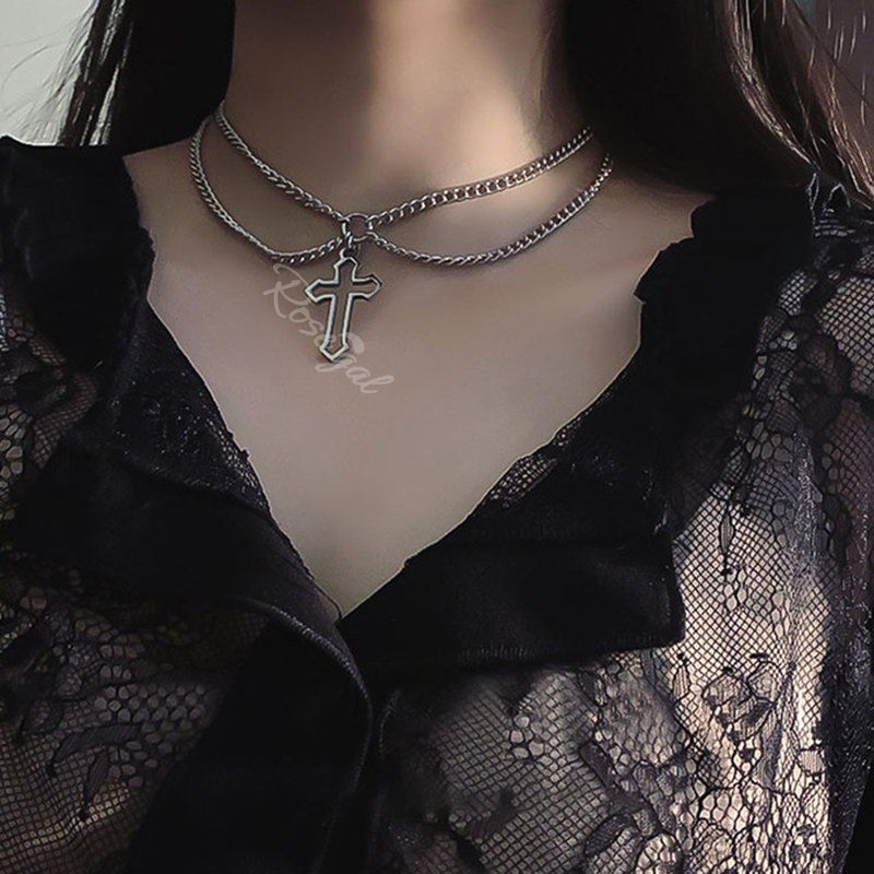 Buy Gothic Punk Chains Layered Cross Necklace  