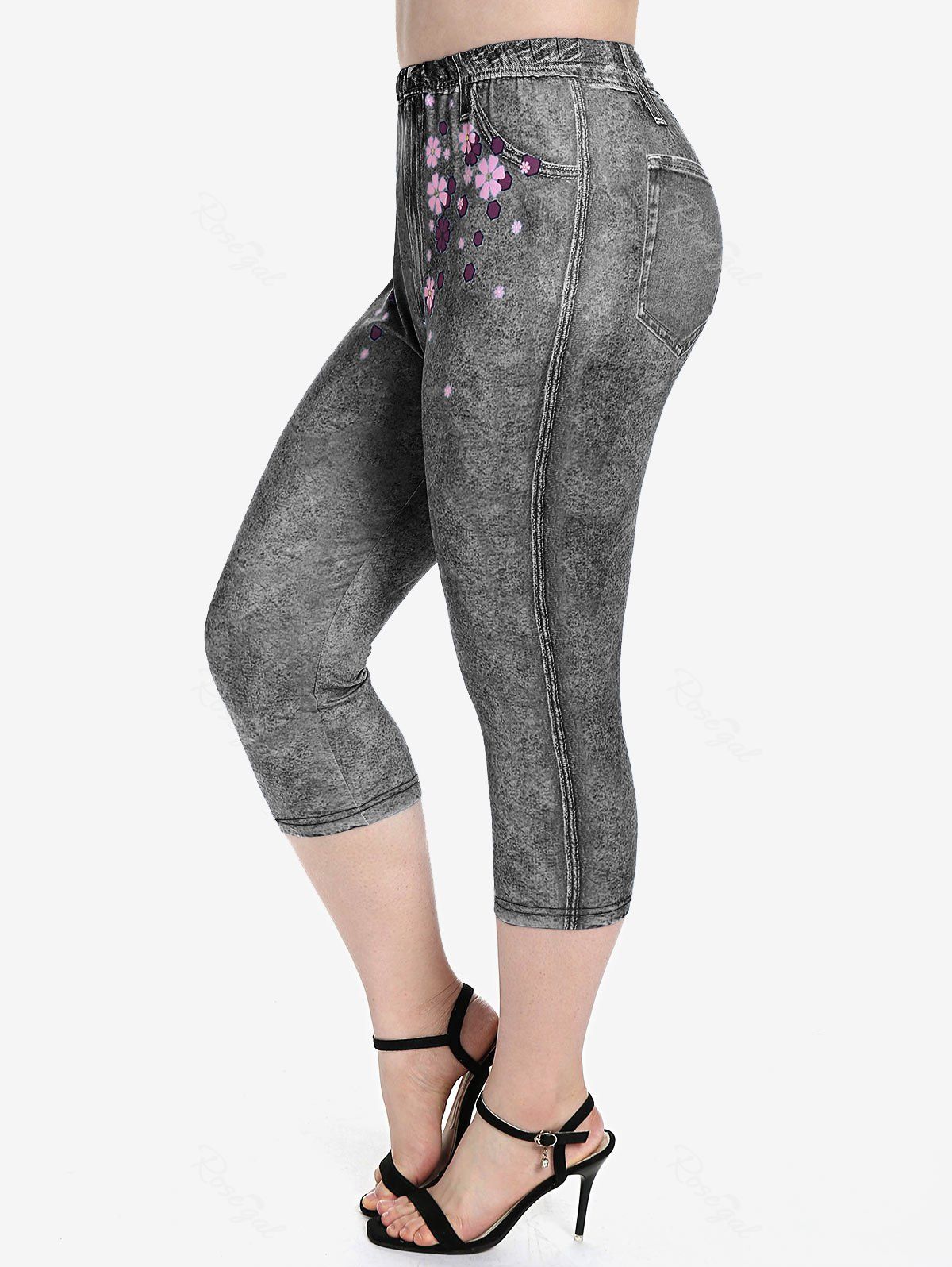 Affordable Plus Size 3D Jeans Floral Printed Capri Leggings  