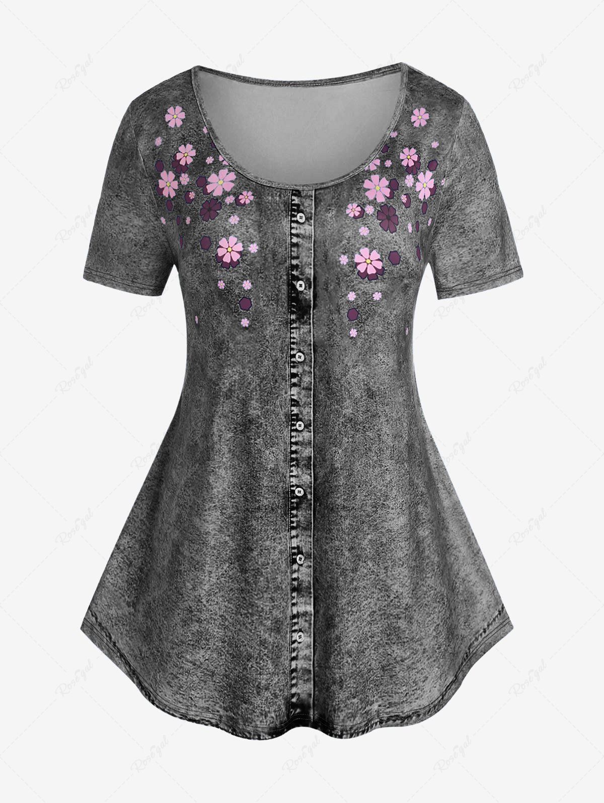 T-shirt à Imprimé 3D Jean Floral de Grande Taille à Manches Courtes Gris 