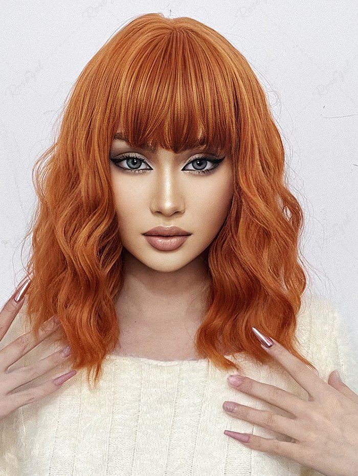 Perruque Synthétique Longue Ondulée à Pleine Frange Orange Papaye Ensemble de 1 Pièce 14 pouces