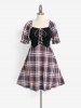 Plus Size & Curve Lace Up Raglan Sleeve Plaid Dress -  