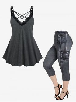 Lace Trim Grommet Gothic Tunic Top and 3D Jeans Printed Leggings Plus Size Summer Outfit - GRAY