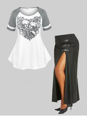 Gothic Raglan Sleeve Skeleton Tee and Ruched Buckled Skirt Plus Size Summer Outfit