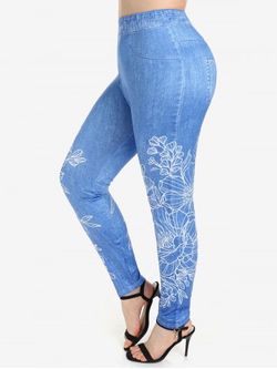 Plus Size 3D Jeans Flower High Waisted Skinny Leggings - BLUE - L | US 12