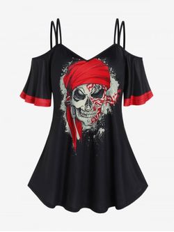 Plus Size Gothic Skulls Printed Two Tone Cold Shoulder Tee - BLACK - 5X | US 30-32