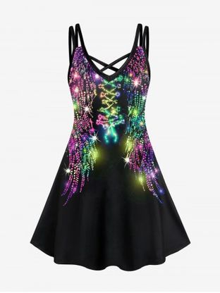 Plus Size 3D Glitter Sparkles Printed Crisscross A Line Dress