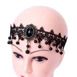 Victorian Vintage Gothic Lace Headband with Faux Pearl - BLACK
