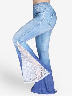 Pantalon en Jean à Patte Cloche avec Empiècements en Dentelle et à Imprimé 3D Grande-Taille - BLUE - S | US 8