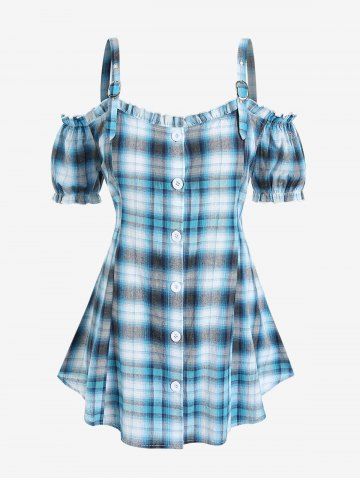 Plus Size Plaid Ruffles Cold Shoulder Tunic Top with Buttons - BLUE - 1X | US 14-16