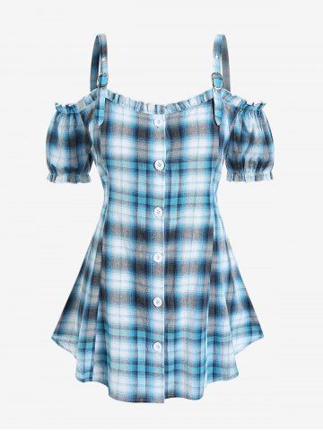 Plus Size Plaid Ruffles Cold Shoulder Tunic Top with Buttons - BLUE - 4X | US 26-28